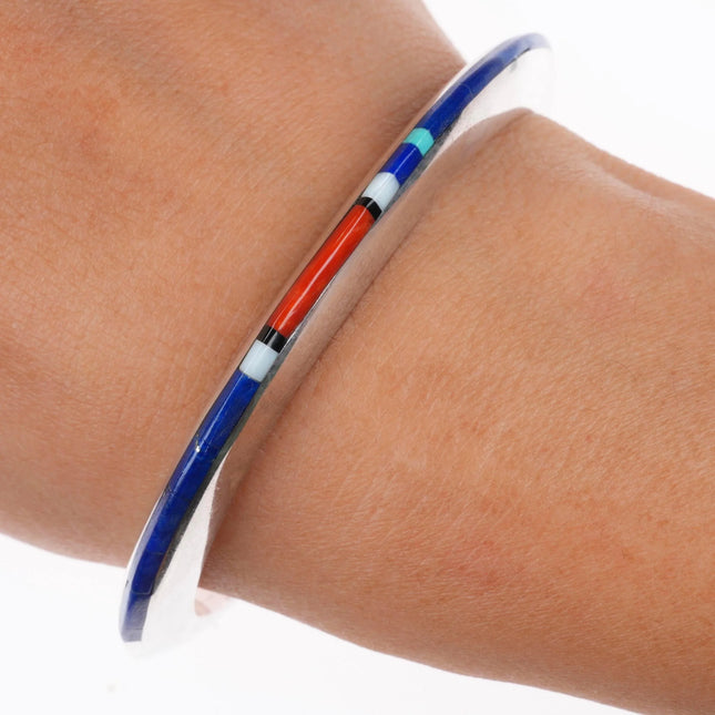 6.1" Jimmie King Jr Navajo sterling silver coral, lapis inlay cuff bracelet