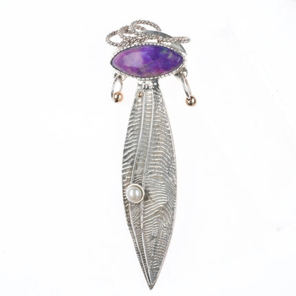 Fritz Casuse Navajo large 14k gold/Sterling silver purple stone/pearl pendant