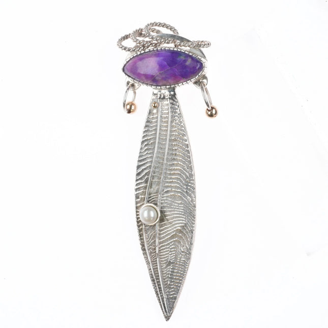 Fritz Casuse Navajo large 14k gold/Sterling silver purple stone/pearl pendant