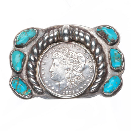 Heavy Vintage Navajo Kingman turquoise sterling belt buckle silver dollar