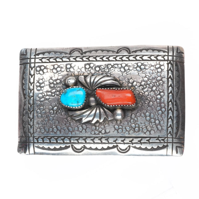 Vintage Navajo Sterling silver coral/turquoise belt buckle Richard Henry Yazzie