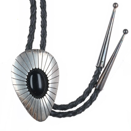 c1980 Vintage TN Navajo shadowbox sterling silver onyx bolo tie