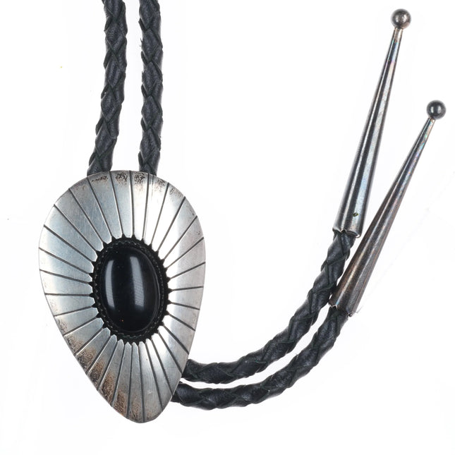 c1980 Vintage TN Navajo shadowbox sterling silver onyx bolo tie