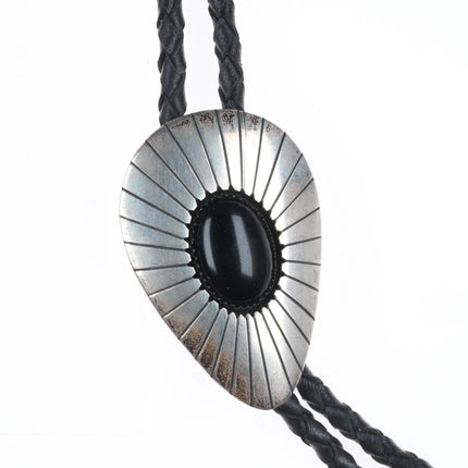 c1980 Vintage TN Navajo shadowbox sterling silver onyx bolo tie