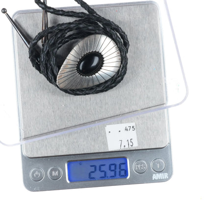 c1980 Vintage TN Navajo shadowbox sterling silver onyx bolo tie