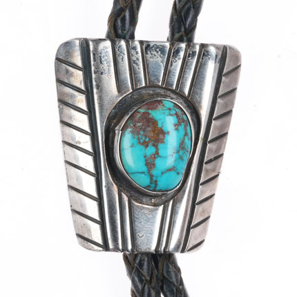 c1970 BCB Navajo hand chiseled sterling silver turquoise shadowbox bolo tie