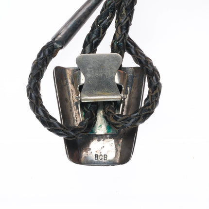 c1970 BCB Navajo hand chiseled sterling silver turquoise shadowbox bolo tie