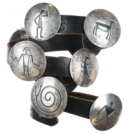 34" Vintage Navajo Overlay petroglyphs concho belt sterling silver cave dwellers