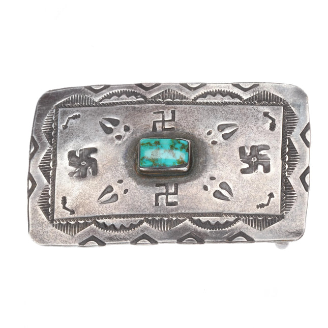 c1930 Navajo sterling silver whirling logs belt buckle w/ nice turquoise