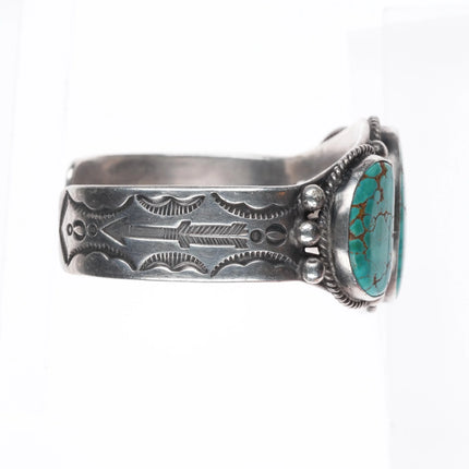 6.8" 1940's Navajo high grade #8 turquoise sterling silver cuff bracelet arrows