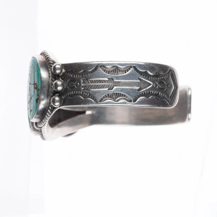 6.8" 1940's Navajo high grade #8 turquoise sterling silver cuff bracelet arrows
