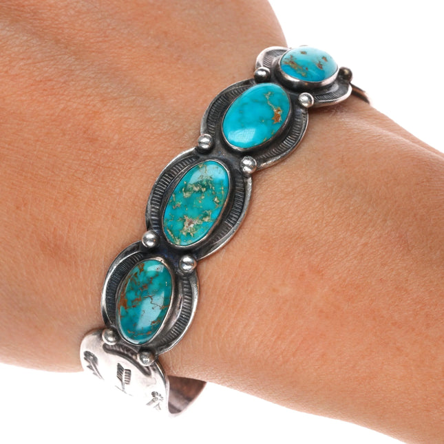 6.5" 1940's Navajo Blue Gem turquoise row cuff bracelet sterling silver