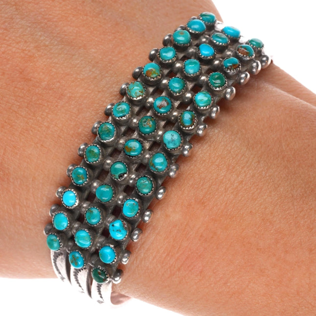 6" 1940's Zuni 3 row snake eye turquoise cuff bracelet sterling silver