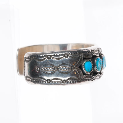 6.3" Wilbur Muskett Navajo sterling silver shadowbox turquoise row cuff bracelet