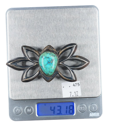 Vintage Navajo cast sterling silver belt buckle w/ nice center turquoise stone