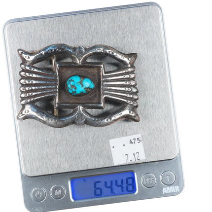 Vintage Ivan V Navajo cast sterling silver belt buckle nice turquoise stone