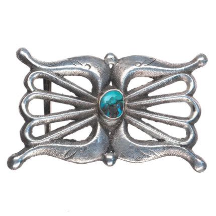 Vintage Navajo cast sterling silver belt buckle w/ center turquoise stone