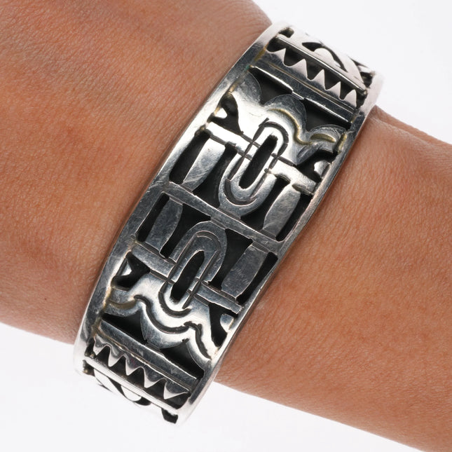6.5" Vintage Mexican sterling silver geometric Aztec style cuff bracelet