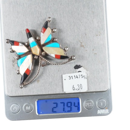 Vintage CT ST Zuni Sterling silver channel inlay butterfly pendant/pin
