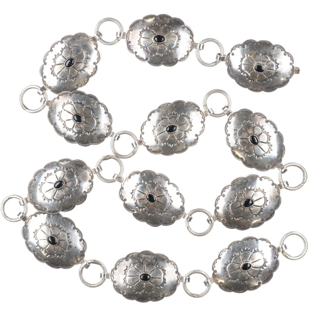 32.5" Vintage Navajo sterling silver onyx link belt hand stamped