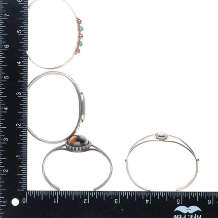 6.25" Lot/4 southwestern sterling silver turquoise/coral/opal cuff bracelets