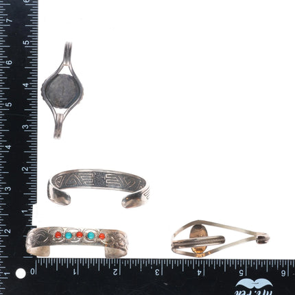 6.25" Lot/4 southwestern sterling silver turquoise/coral/opal cuff bracelets