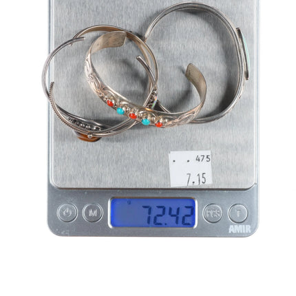 6.25" Lot/4 southwestern sterling silver turquoise/coral/opal cuff bracelets