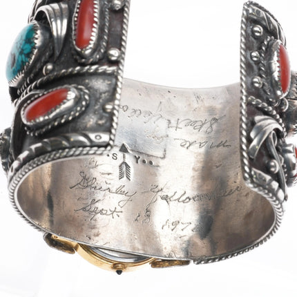 7" Skeet Yellowhair Sr Navajo Huge sterling, turquoise/coral watch cuff bracelet
