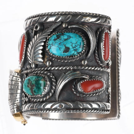7" Skeet Yellowhair Sr Navajo Huge sterling, turquoise/coral watch cuff bracelet