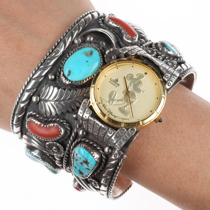 7" Skeet Yellowhair Sr Navajo Huge sterling, turquoise/coral watch cuff bracelet