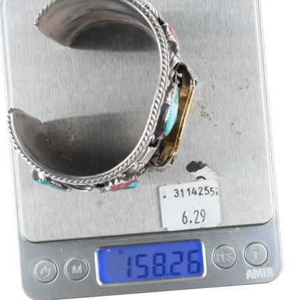 7" Skeet Yellowhair Sr Navajo Huge sterling, turquoise/coral watch cuff bracelet