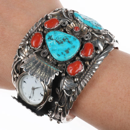 6.25" Victor Chee Navajo sterling silver, turquoise, coral watch cuff bracelet