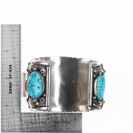 6.25" Victor Chee Navajo sterling silver, turquoise, coral watch cuff bracelet