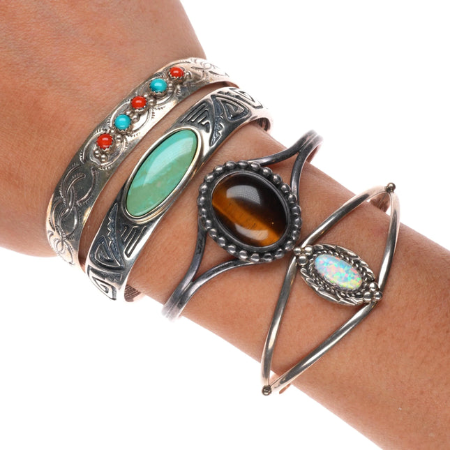 6.25" Lot/4 southwestern sterling silver turquoise/coral/opal cuff bracelets