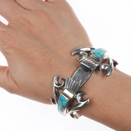 6.25" Lester Ortiz Navajo sterling silver turquoise inlay watch cuff bracelet