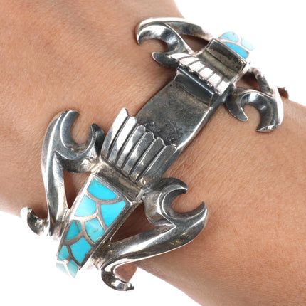 6.25" Lester Ortiz Navajo sterling silver turquoise inlay watch cuff bracelet