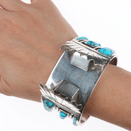 6.75" Vintage Navajo sterling silver spiderweb turquoise watch cuff bracelet