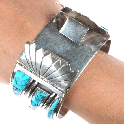 6.75" Vintage Navajo sterling silver spiderweb turquoise watch cuff bracelet