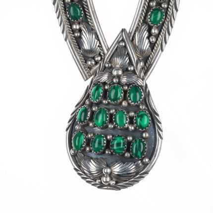 Vintage Calvin Peterson Navajo Sterling silver malachite cluster bib necklace
