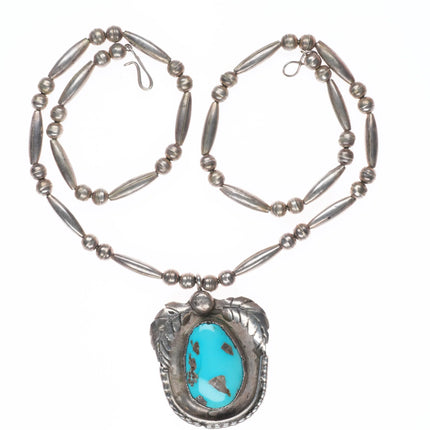 Vintage Navajo sterling silver beaded necklace with turquoise pendant c1970s