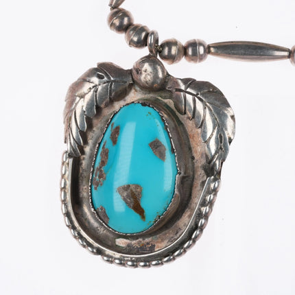 Vintage Navajo sterling silver beaded necklace with turquoise pendant c1970s