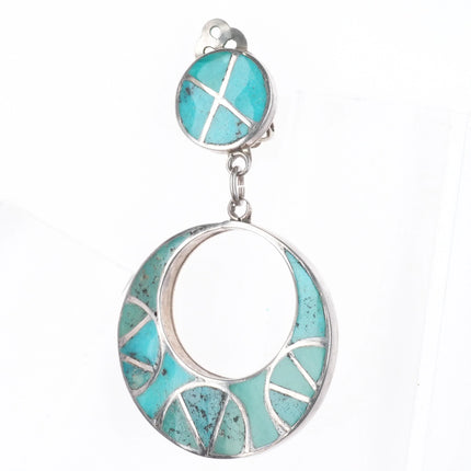 Big c1950 Vintage Zuni sterling silver turquoise channel inlay clip-on earrings