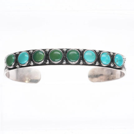 6.5" 1930s Navajo turquoise row cuff bracelet hand stamped sides sterling silver