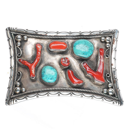Big 1970's CT Navajo Bien Mur Shop Sterling silver, turquoise, Coral belt buckle