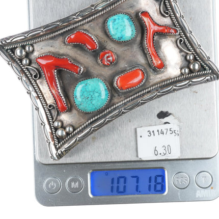 Big 1970's CT Navajo Bien Mur Shop Sterling silver, turquoise, Coral belt buckle