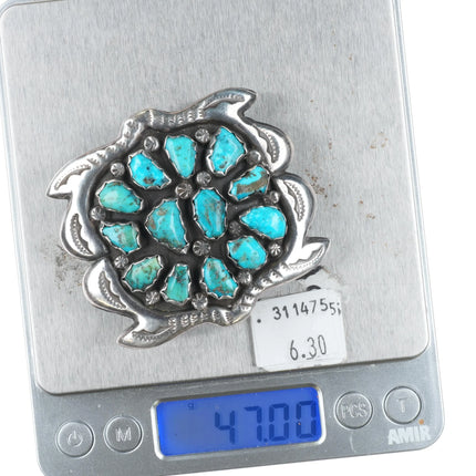 40's-50's Zuni cast sterling silver Morenci turquoise cluster belt buckle