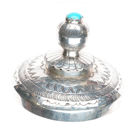 Jeffrey Castillo Navajo hand stamped sterling silver/turquoise jar w/lid