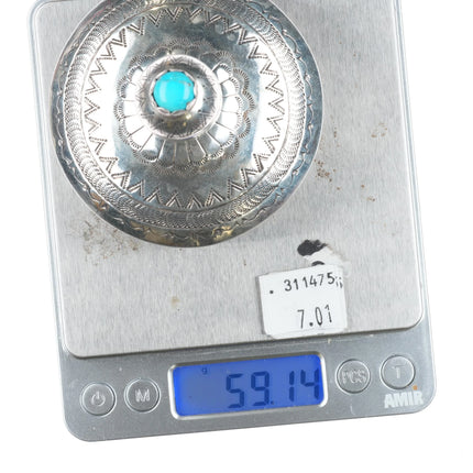 Jeffrey Castillo Navajo hand stamped sterling silver/turquoise jar w/lid