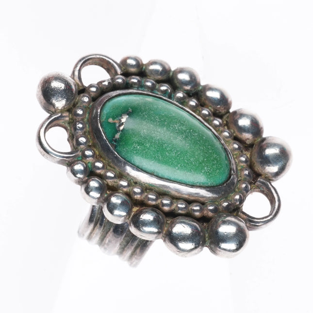 sz6.5 Vintage Navajo green turquoise sterling silver ring beaded bezel