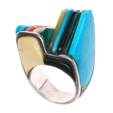 sz7.5 Vintage Native American sterling silver multi-stone inlay modernist ring